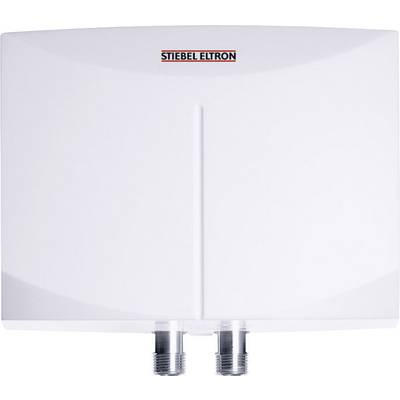 Weißer Durchlauferhitzer der Marke Stiebel Eltron mit zwei Wasseranschlüssen an der Unterseite.
