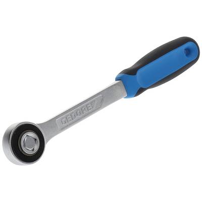 Ein silberner Schraubenschlüssel mit blau-schwarzem Handgriff, geeignet zum Anziehen und Lösen von Schrauben oder Muttern.