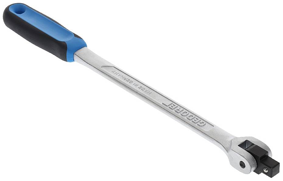 Ein silberner Hebelarm mit einem schwarzen und blauen Griff zum Lösen von Schrauben oder Muttern; Aufschrift 'GEDORE'.