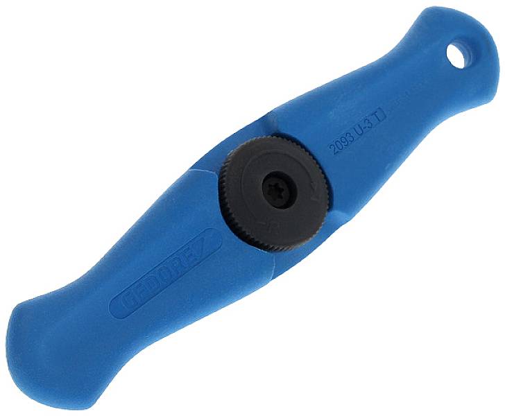 Blaues, ergonomisches Kunststoffwerkzeug mit Drehmechanismus in der Mitte, geeignet für manuelle Anwendungen.