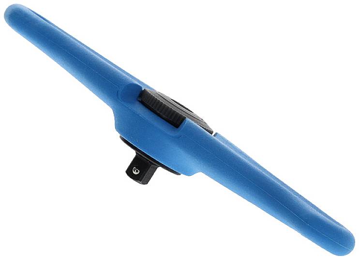 Ein blauer Werkzeuggriff mit einem schwarzen Drehknopf in der Mitte, wahrscheinlich für die manuelle Betätigung eines Werkzeugs.