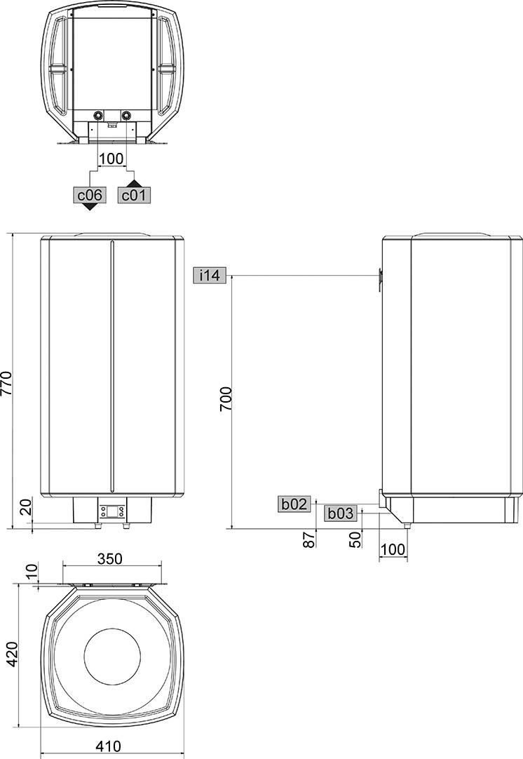 Technische Zeichnung eines rechteckigen Geräts mit Maßen: Höhe 770 mm, Breite 410 mm, Tiefe 350 mm. Ansichten von vorne, Seite und oben.