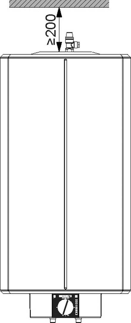 Zeichnung eines Heizkessels mit Ventil oben, Markierung zeigt 200 mm Abstand zur Decke. Unten befindet sich ein Einstellknopf.