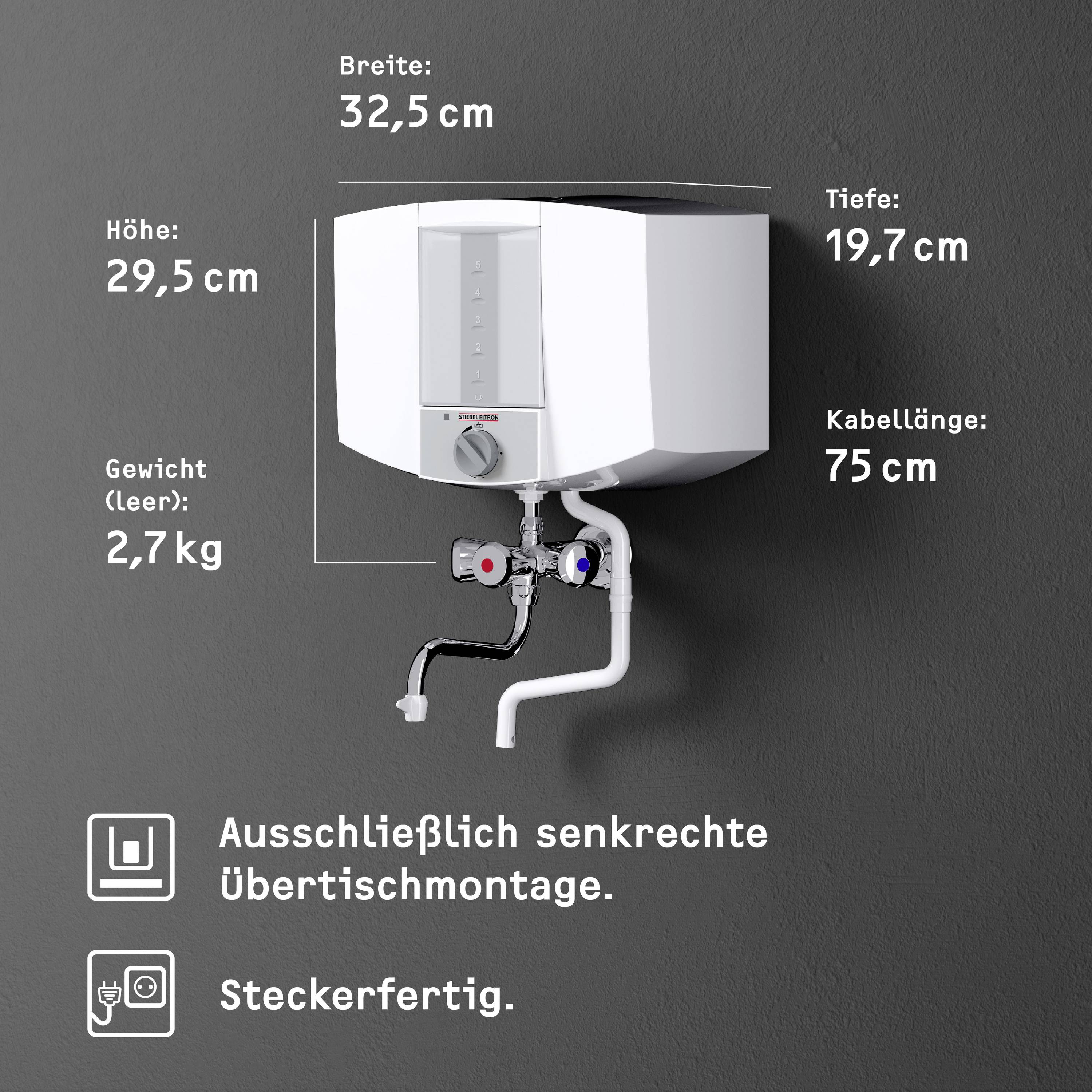 Ein kleiner Durchlauferhitzer an der Wand montiert, zeigt Maße: Breite 32,5 cm, Höhe 29,5 cm, Tiefe 19,7 cm, Kabellänge 75 cm.