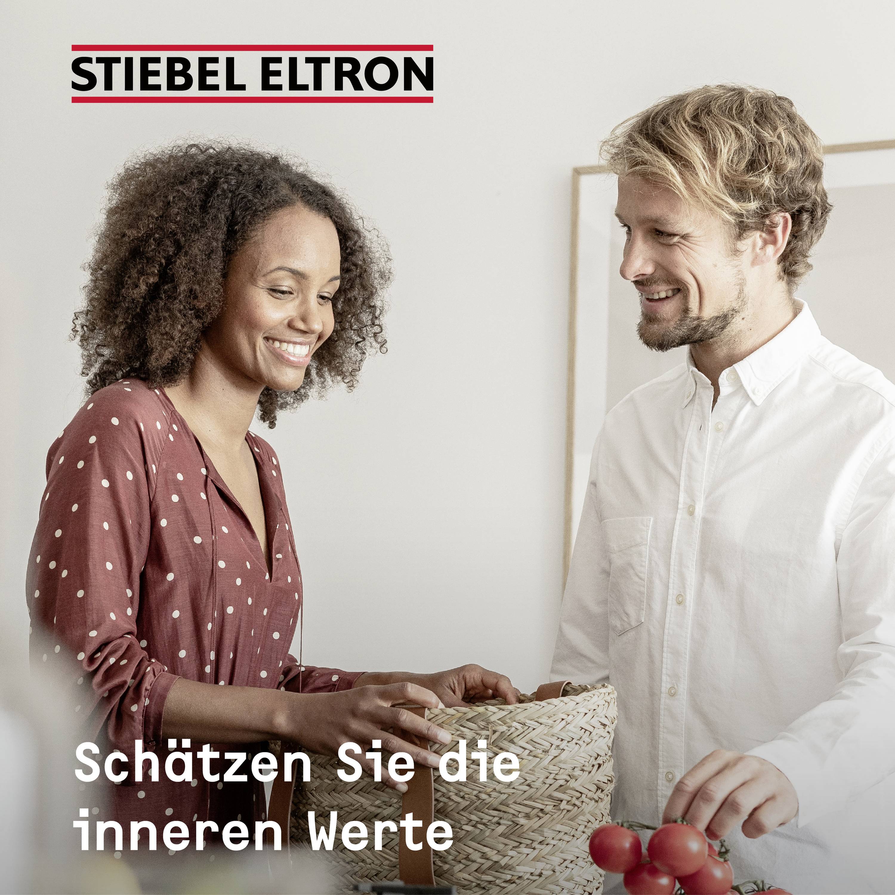 Eine Frau und ein Mann lächeln sich an, während sie einen Korb tragen. Oben das Logo 'Stiebel Eltron'. Text unten: 'Schätzen Sie die inneren Werte'.