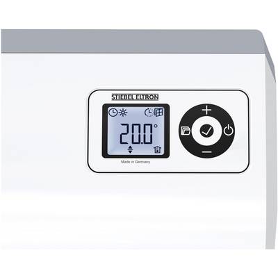 Digitaldisplay eines Stiebel Eltron Heizers zeigt '20.0°'. Steuerungstasten für Temperatur und Heizungseinstellungen daneben.