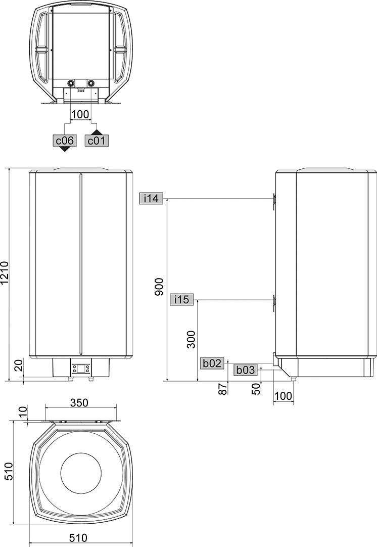 Technische Zeichnung eines rechteckigen Geräts mit Abmessungen: Höhe 1210 mm, Breite 350 mm, Tiefe 510 mm. Seiten- und Vorderansicht enthalten.