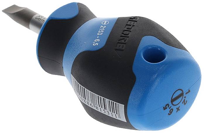 Kompakter Schraubendreher mit blau-schwarzem Griff und Kreuzschlitz-Bit, ideal für präzise handwerkliche Arbeiten.