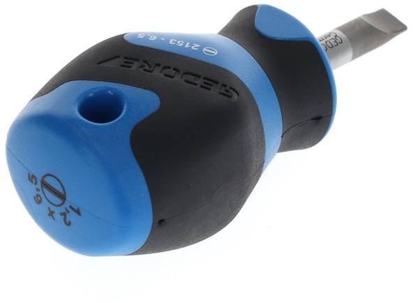 Kleiner Schraubendreher mit blau-schwarzem Griff, wird verwendet, um Schrauben zu drehen oder anzuziehen.