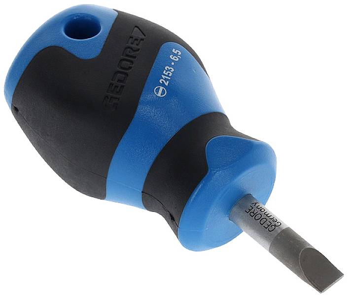 Kleiner Schraubendreher mit blau-schwarzem Griff und flacher Metallspitze. Geeignet für präzise Arbeiten in engen Räumen.