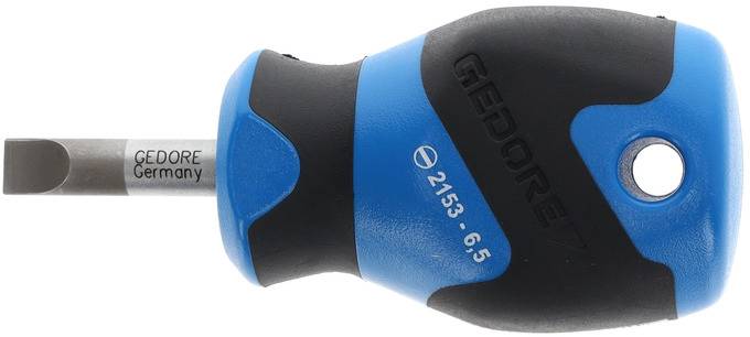 Schraubendreher mit blau-schwarzem Griff und Metallklinge. Aufschrift 'GEDORE Germany 2153-6.5'.