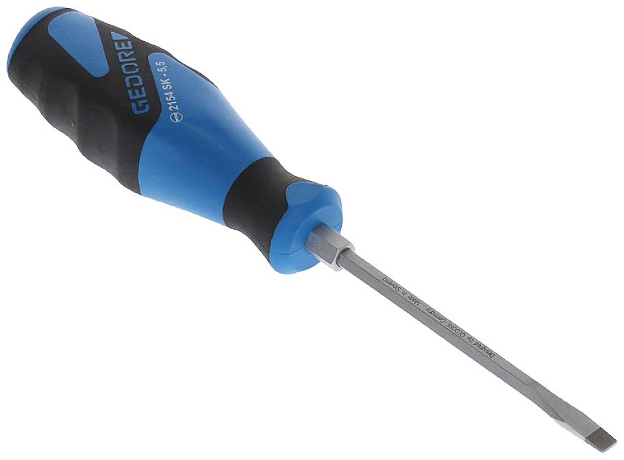 Schraubendreher mit blau-schwarzem Griff, flacher Klinge, seitlich mit Herstellername beschriftet, auf weißem Hintergrund.