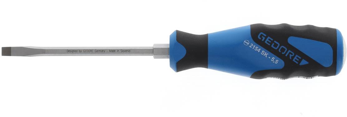 Schraubendreher mit blau-schwarzem Griff und flacher Klinge. Auf der Klinge steht 'GEDORE 2154 SK 5,5'.