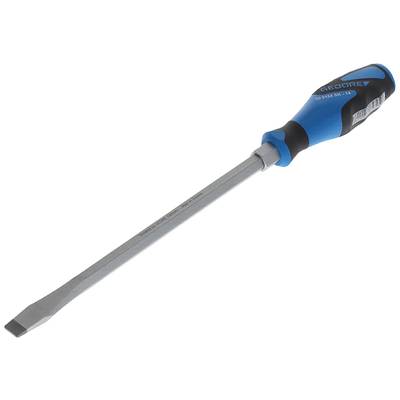 Ein blauer und schwarzer Schlitzschraubendreher mit ergonomischem Griff und flacher Klinge, geeignet zum Anziehen oder Lösen von Schrauben.