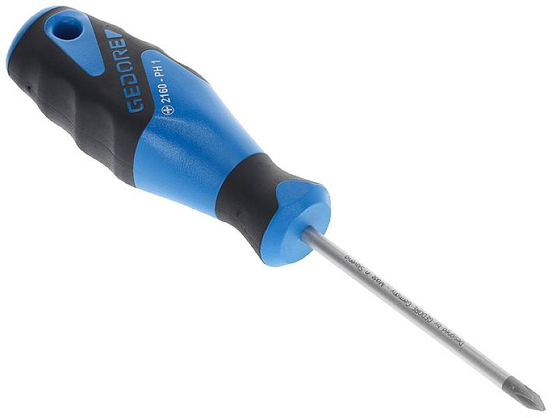 Ein blauer Schraubendreher mit schwarzem Griff, auf dem der Text 'GEDORE 2160 PH1' steht. Geeignet für Kreuzschlitzschrauben.