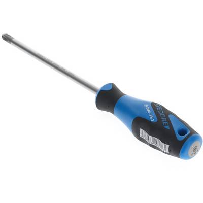 Kreuzschlitzschraubendreher mit blau-schwarzem Griff, liegend.