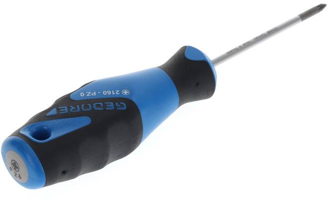 Ein blauer und schwarzer Kreuzschlitzschraubendreher mit ergonomischem Griff.