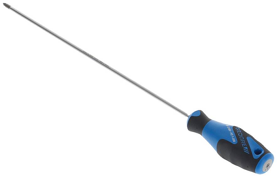 Schraubendreher mit blau-schwarzem Griff und langer, schmaler Metallklinge, geeignet für feine Präzisionsarbeiten.
