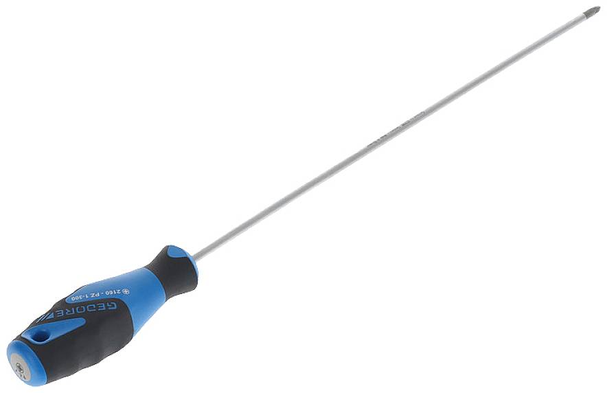 Ein langer, schmaler Schraubendreher mit einem schwarzen und blauen ergonomischen Griff und einer dünnen, metallischen Klinge.