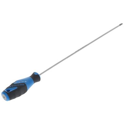 Ein langer, schmaler Schraubendreher mit einem schwarzen und blauen ergonomischen Griff und einer dünnen, metallischen Klinge.
