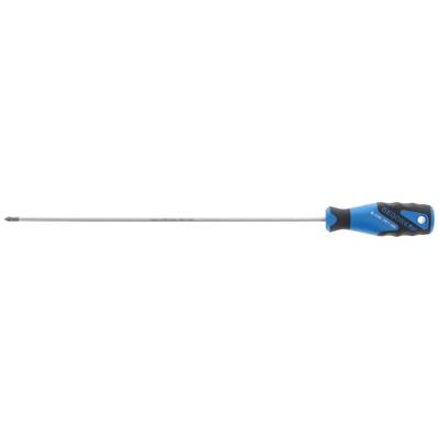 Ein langer Schraubendreher mit blau-schwarzem Griff, geeignet für präzises Arbeiten an schwer zugänglichen Stellen.