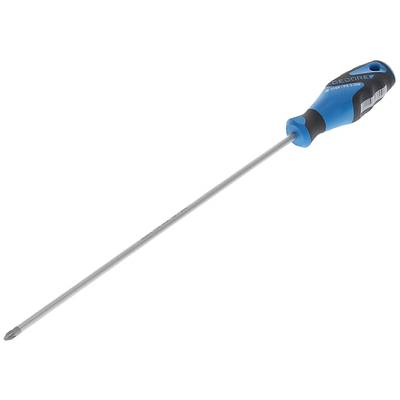 Schraubendreher mit blau-schwarzem Griff und langem Metallstift. Geeignet für Kreuzschlitzschrauben.