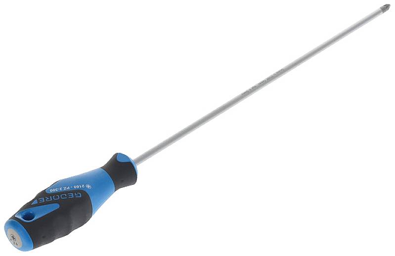 Ein langer Kreuzschlitzschraubendreher mit blau-schwarzem Griff liegt auf weißem Hintergrund.