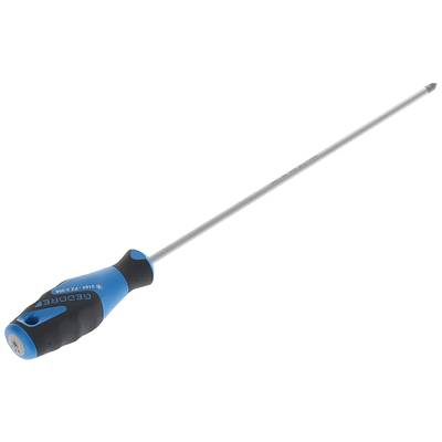 Ein langer Kreuzschlitzschraubendreher mit blau-schwarzem Griff liegt auf weißem Hintergrund.