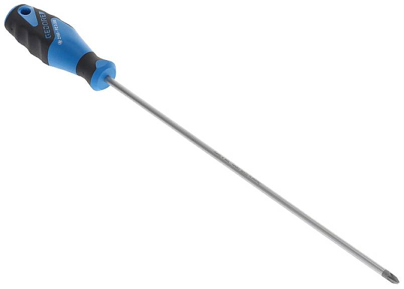 Ein Schraubendreher mit blau-schwarzem Griff und langem, schmalem Schaft, Spitze für Kreuzschlitzschrauben geeignet.