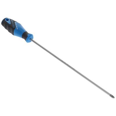 Ein Schraubendreher mit blau-schwarzem Griff und langem, schmalem Schaft, Spitze für Kreuzschlitzschrauben geeignet.