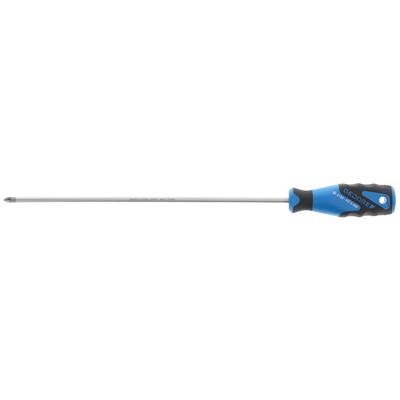 Blauer Schraubendreher mit ergonomischem Griff und langer Metallspitze. Geeignet für Kreuzschlitzschrauben.