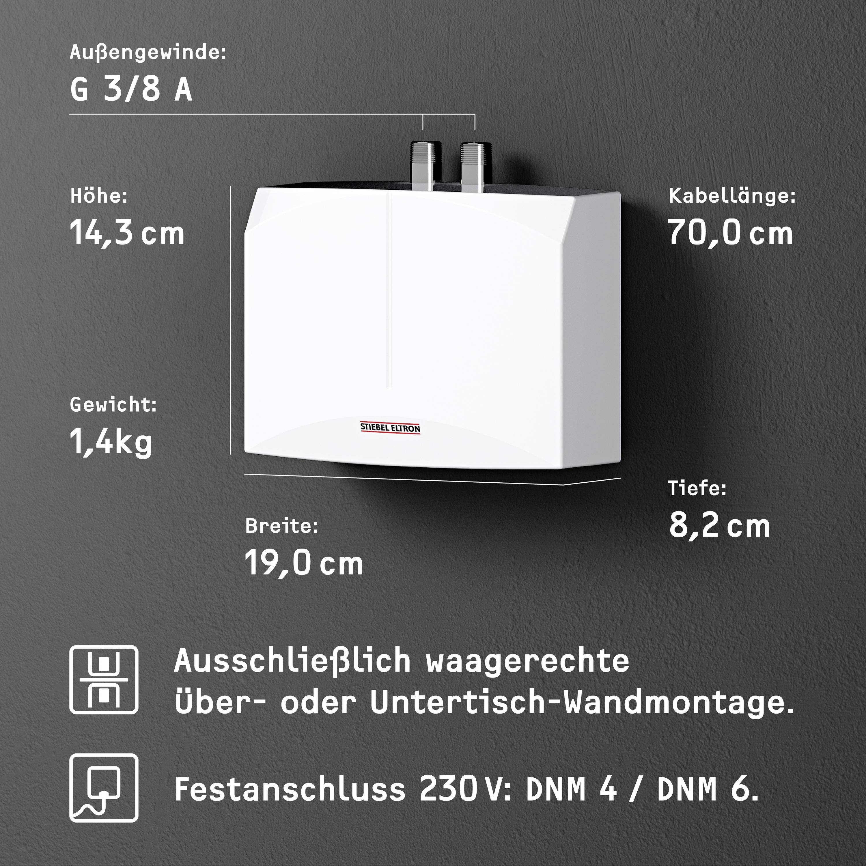 Kompakter elektrischer Durchlauferhitzer mit den Abmessungen 14,3 cm Höhe, 19 cm Breite, 8,2 cm Tiefe. Festanschluss 230V.