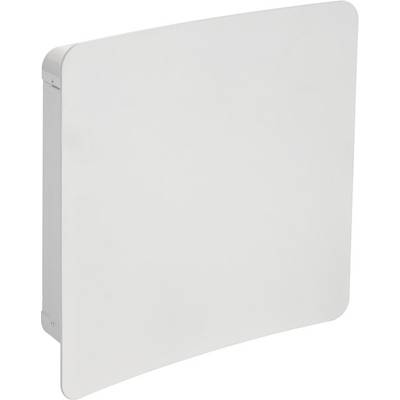 Ein weißer, rechteckiger Lüftungsgitter, leicht nach vorne gewölbt, an einer Wand montiert. Schlichtes Design, keine sichtbaren Muster.