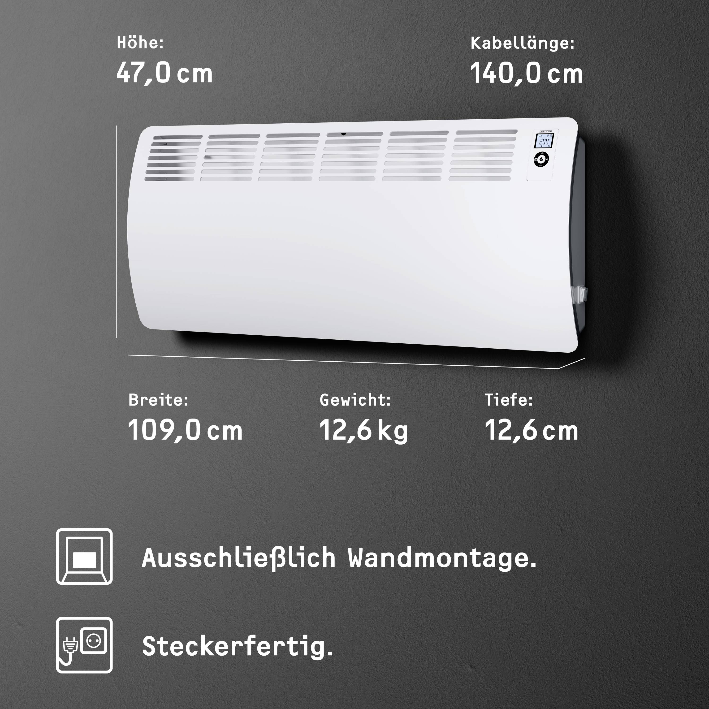 Weiße Wandheizung, Maße: Höhe 47 cm, Breite 109 cm, Tiefe 12,6 cm. Kabellänge 140 cm, Gewicht 12,6 kg. Ausschließlich Wandmontage. Steckerfertig.