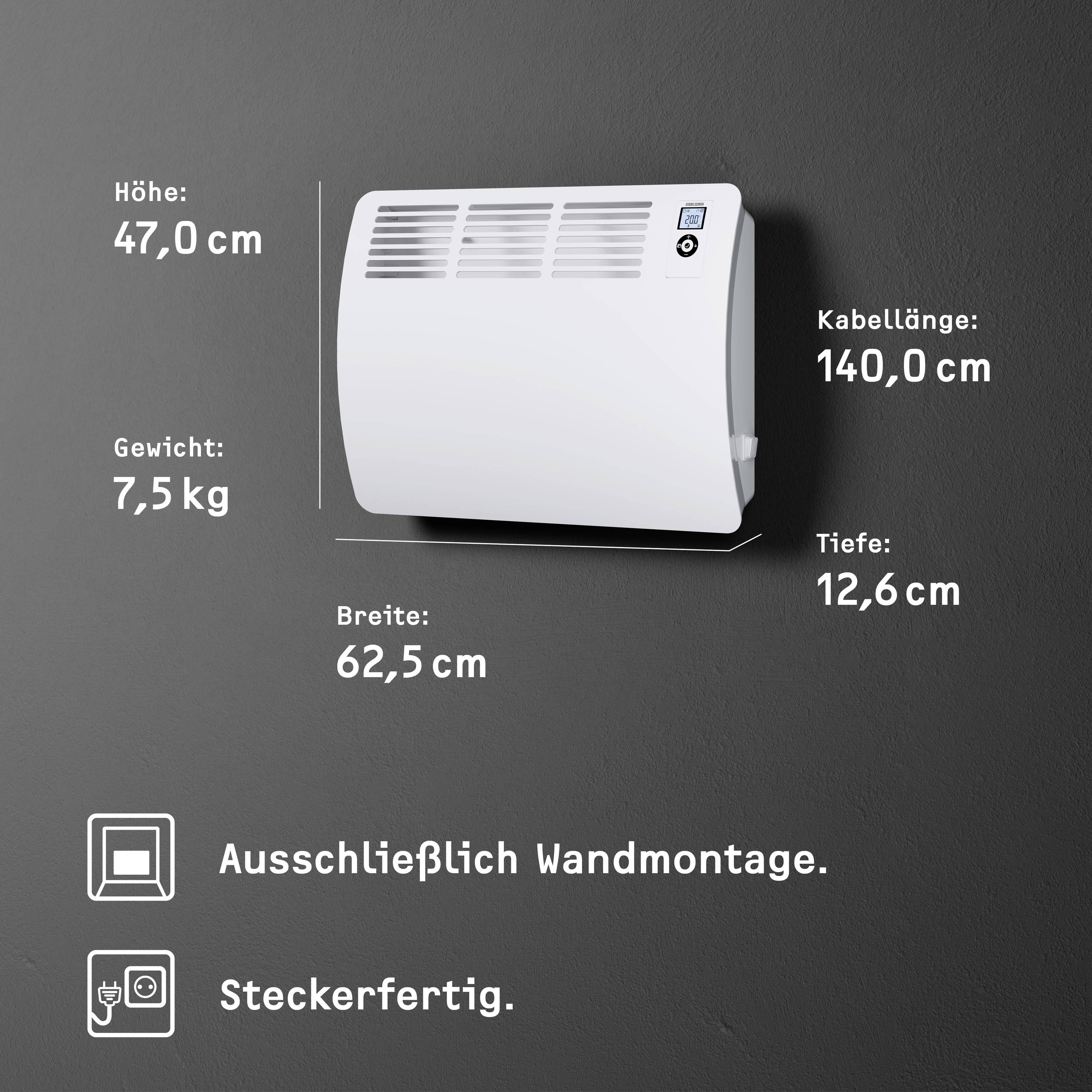 Ein weißer Heizkörper an einer grauen Wand. Auf der linken Seite sind Maße, Gewicht und Kabellänge angegeben. Text: 'Ausschließlich Wandmontage' und 'Steckerfertig'.