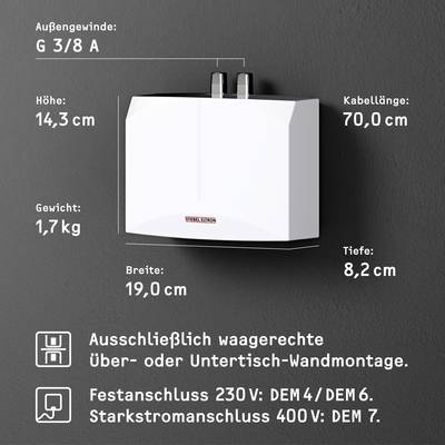 Ein weißer Durchlauferhitzer an einer grauen Wand. Technische Spezifikationen: Höhe 14,3 cm, Breite 19,0 cm, Tiefe 8,2 cm, Gewicht 1,7 kg. Stromanschlüsse abgebildet.