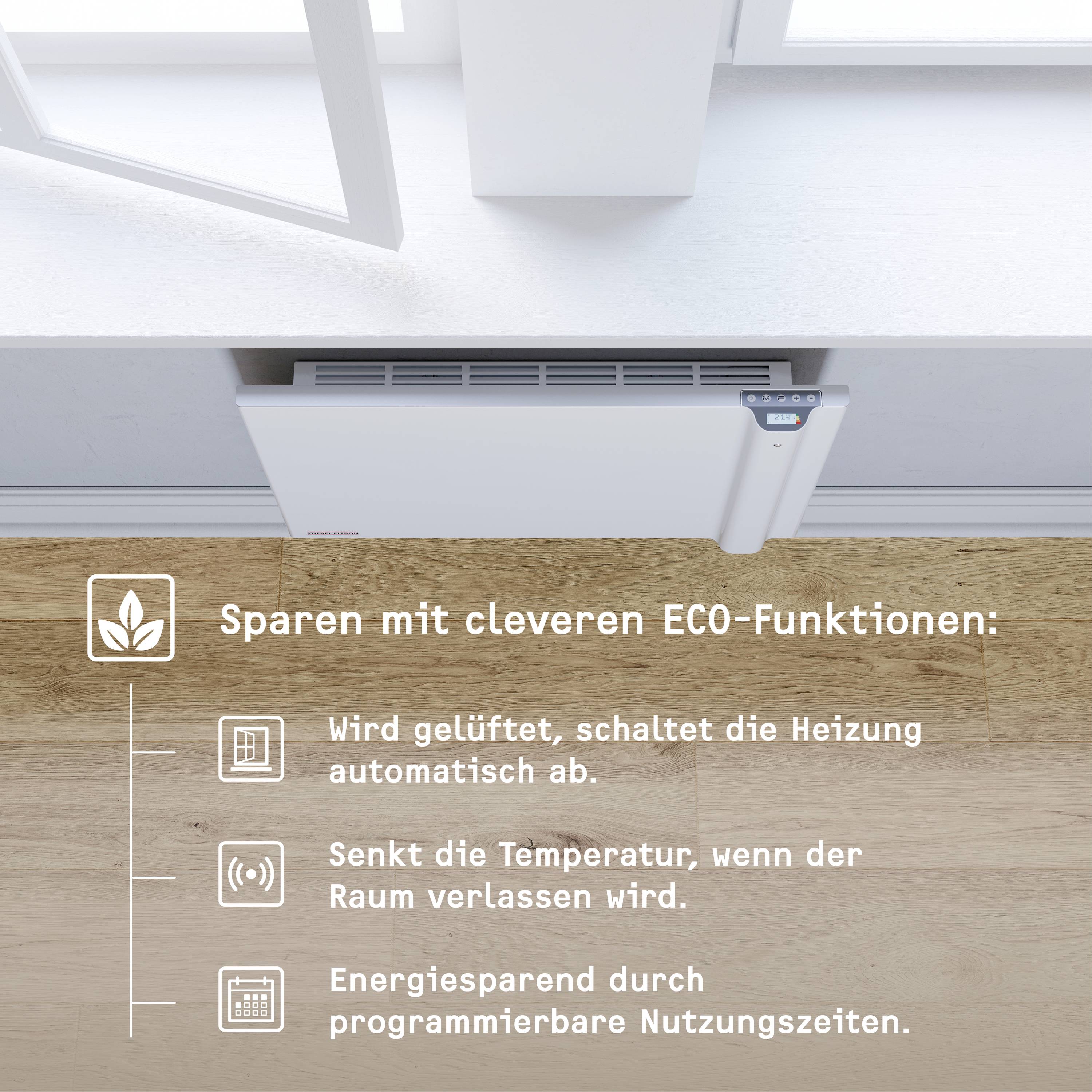 Offenes Fenster über Heizkörper, Text: 'Sparen mit cleveren ECO-Funktionen' und Icons für Automatikfunktionen zum Energiesparen.
