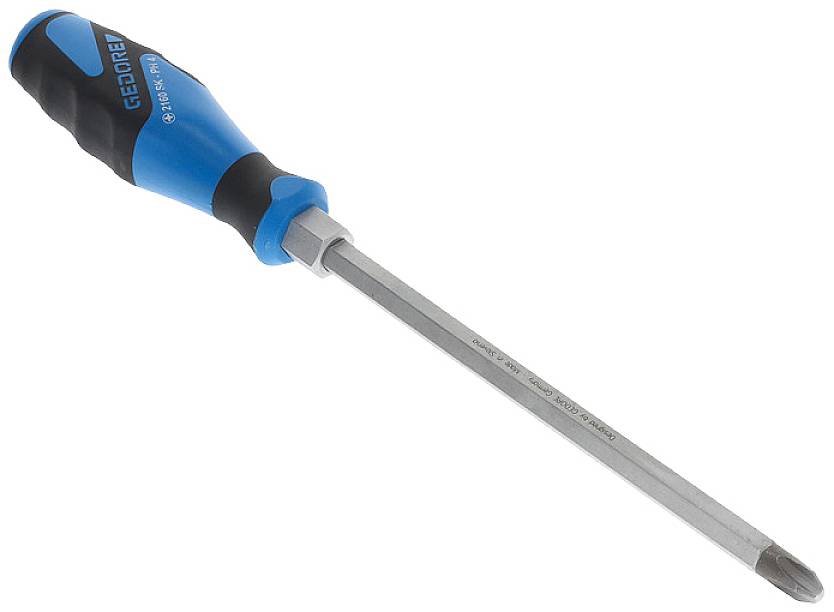 Blauer Kreuzschlitzschraubendreher mit ergonomischem Griff und langer Metallklinge, geeignet für handwerkliche Arbeiten.