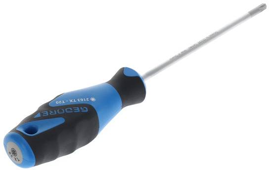Ein Schraubendreher mit blau-schwarzem Griff, flache Metallschraubeinsatz.