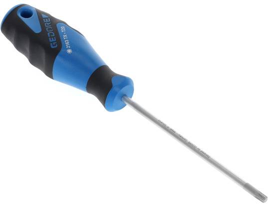 Ein Schraubenzieher mit ergonomischem, blau-schwarzem Griff und einem langen, schmalen Schaft. Der Griff hat Markenaufschrift.