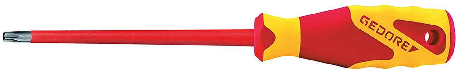 Schraubenzieher mit rotem und gelbem Griff, Aufschrift 'GEDORE', Torx-Kopf, langer Schaft.