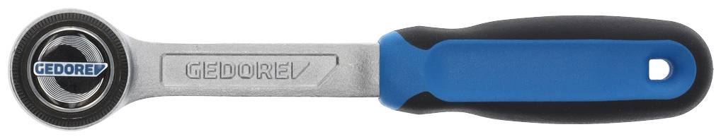 Gedore Ratsche mit schwarzem und blauem Griff, zeigt Firmenlogo auf dem Kopf, geeignet für mechanische Arbeiten.