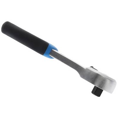 Ratsche mit schwarzem und blauem Griff, seitlich abgebildet. Sie wird zum Festziehen und Lösen von Schrauben und Muttern verwendet.