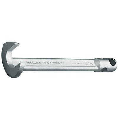 Abgebildet ist ein Stahl-Sechskant-Schlüssel mit offener Maulform und einem Loch am anderen Ende. Auf der Seite steht 'GEDORE'.