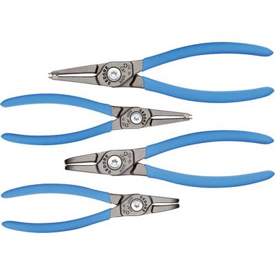 Vier blaue Sprengringzangen in verschiedenen Größen. Sie sind ergonomisch gestaltet und dienen zum Öffnen und Schließen von Sprengringen.