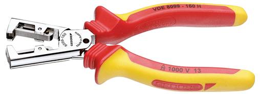Ein rot-gelber isolierter Abisolierzange mit den Markierungen 'VDE 8099 - 160 H' und '1000 V', verwendet zum Schneiden und Abisolieren von Drähten.