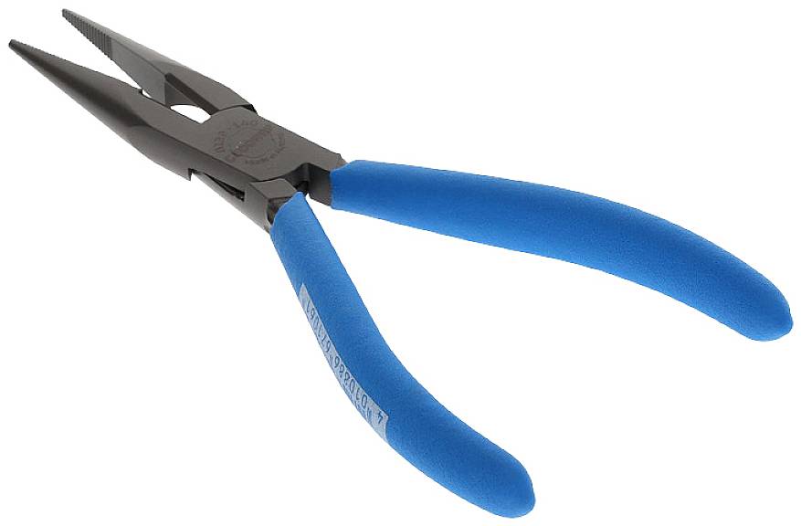Zange mit blauen Griffen, eignet sich zum Greifen und Schneiden von Drähten in handwerklichen oder technischen Arbeiten.