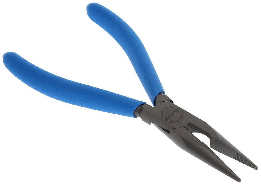 Eine Zange mit blauen Kunststoffgriffen, die für präzise Greif- und Schneidarbeiten in Handwerks- oder Elektronikprojekten verwendet wird.