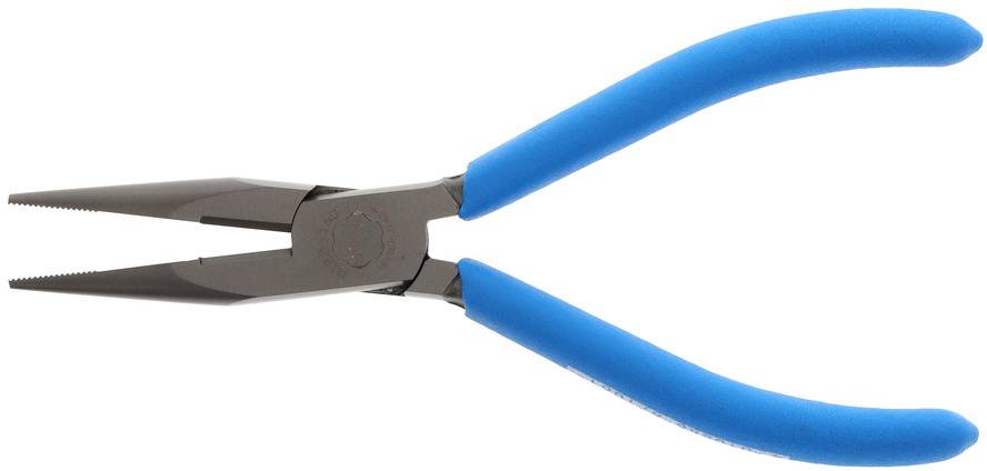 Eine Zange mit blauen Griffen, geeignet zum Greifen und Schneiden von Draht oder kleinen Objekten.