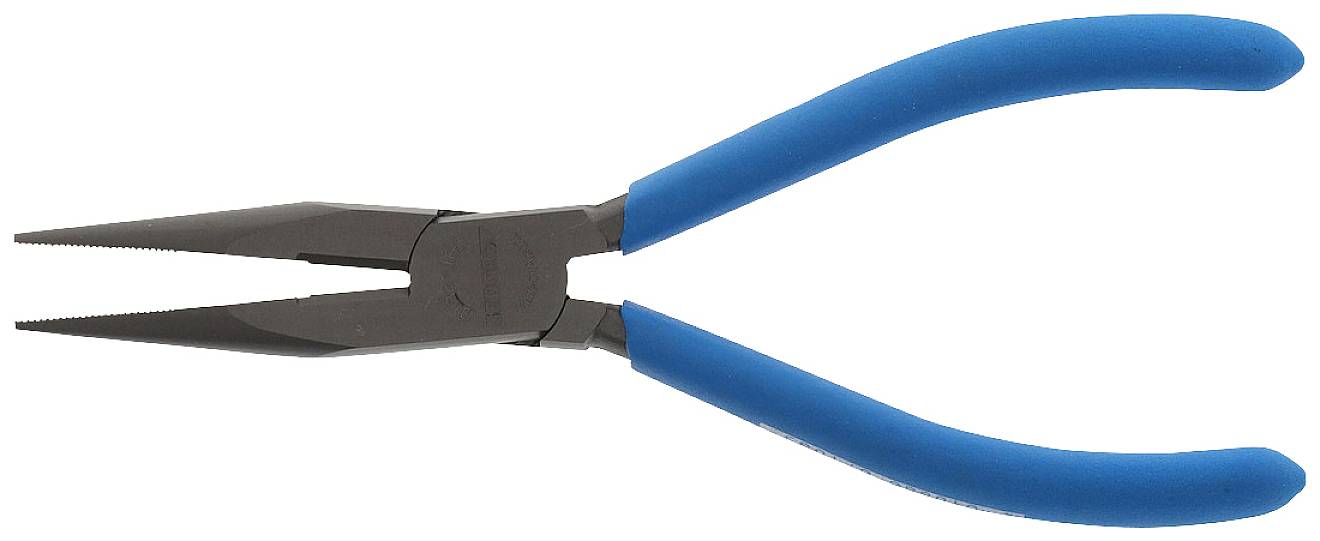 Eine Zange mit blauen Griffen, gezeigt in einer offenen Position. Hauptsächlich für feine Arbeiten oder das Greifen kleiner Objekte verwendet.